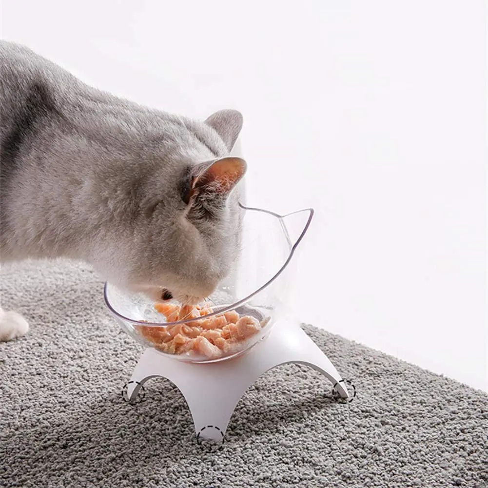 133556 Cat Raised Stand Feeding Transparent Plastic Pet Food Water Feeder Bowl 15 Degree Tilted Design Neck Guard for Cats Dogs