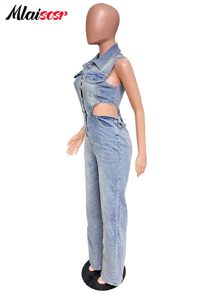 Mlaiscsr Blue Hollow Out Straight Stretch Denim Jumpsuit Women Lapel Button One-piece Pants Jeans Rompers Female Cow Overalls 241230