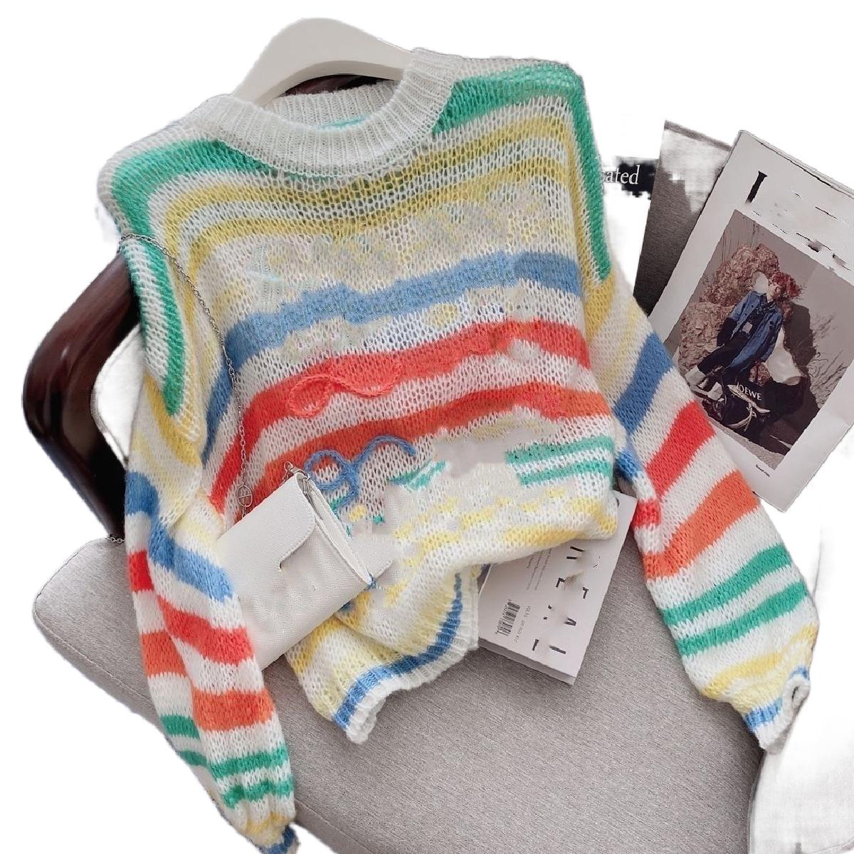 Women rainbow gradient color stripe logo letter embroidery pullover loose knitted sweater jumpers SML