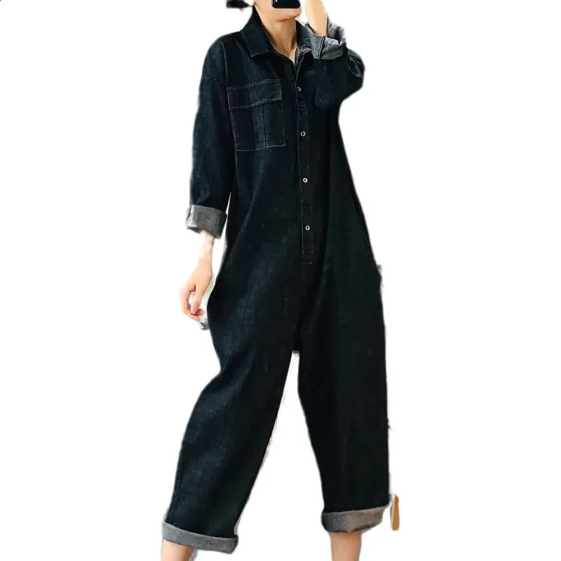 Oversize Denim Jumpsuit Suit Women Blue Denim Long Sleeve Playsuits High Waist Fashion Tops Casual One Piece Outfit Women 241230