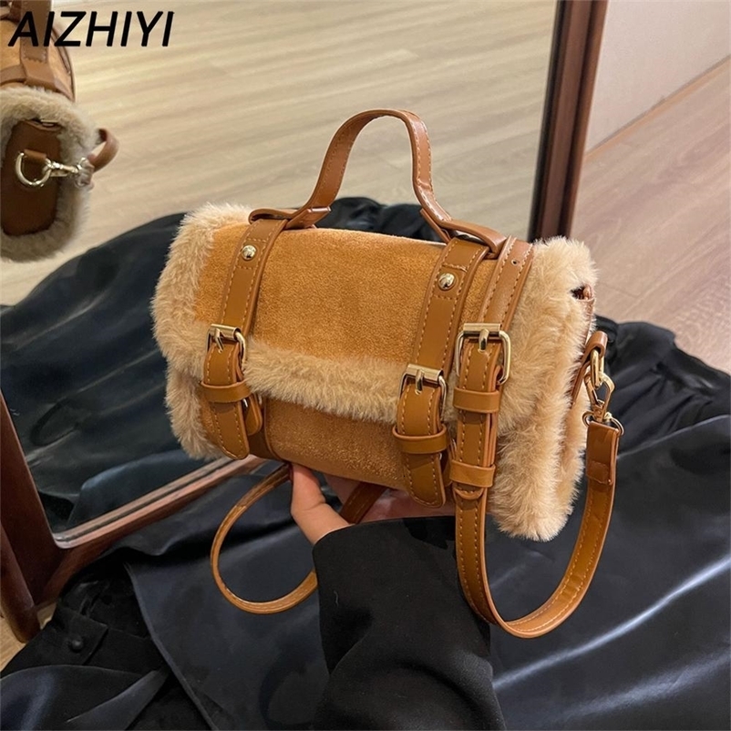 Winter Faux Fur Shoulder Bag Women PU Leather Small Tote Bag Plush Top Handle Furry Handbag Purse Clutch Crossbody Bag for Women 241228