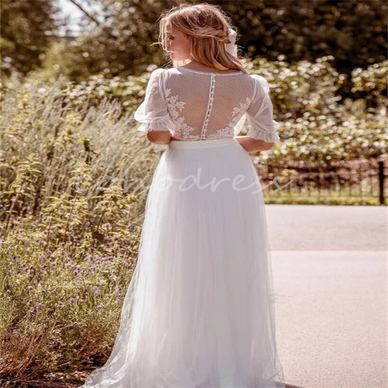 Elvish Nordic Boho Wedding Dress Two Pieces Greek Bohemian Bridal Dress Country Short Sleeves Lace Celtic Bride Dress Civil Floor Length Tulle Vestido