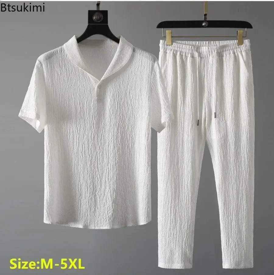 2025 Summer Korean Style Casual Sets for Men Fashion Streetwear Mens Comfort Solid Lapel TopsTrousers Joggers Suit Tracksuit 241223