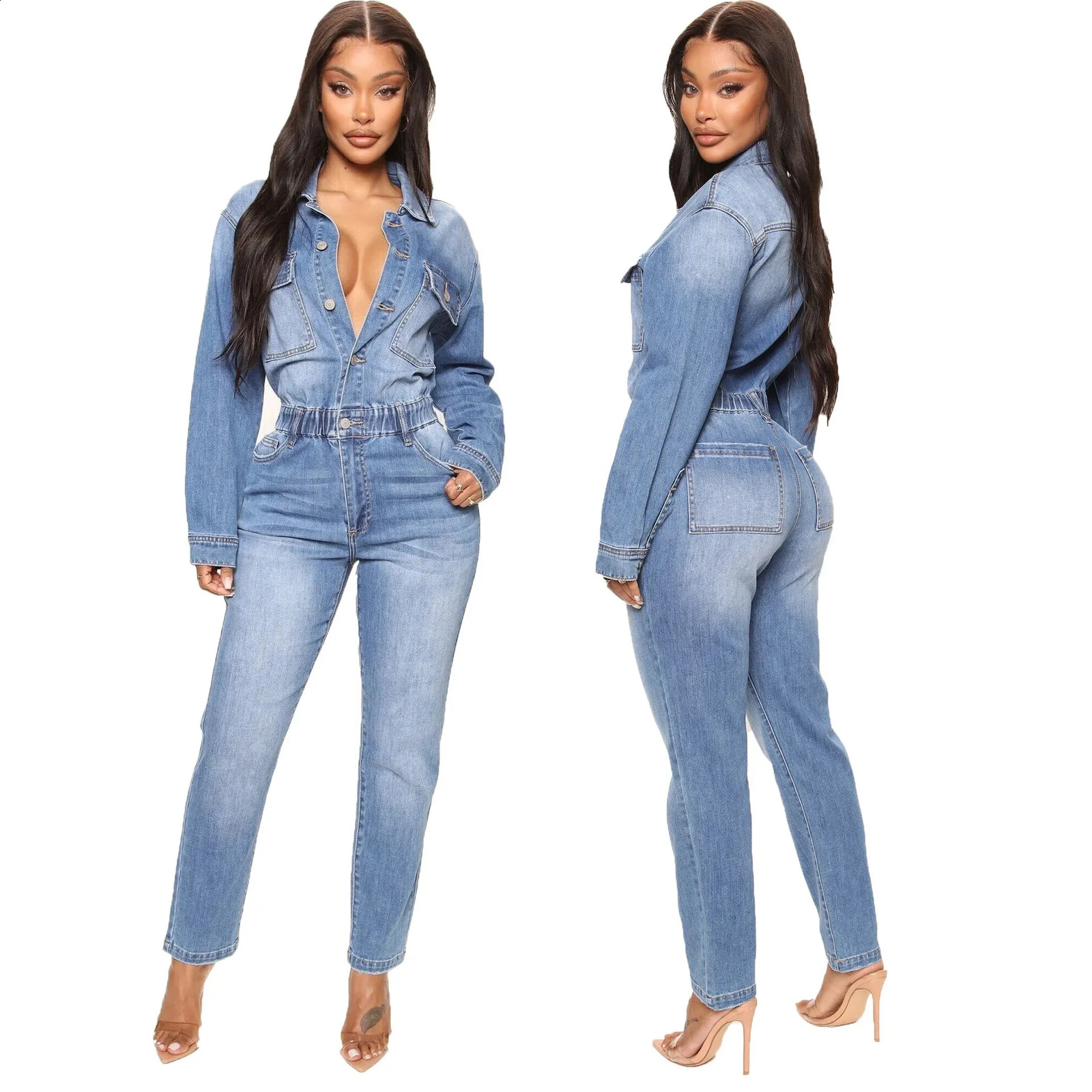 Women Autumn Turn Down Collar Loose One Piece Full Sleeve Tight High Waist Overalls Slim Denim Jumpsuits Long Pants Rompers 241230