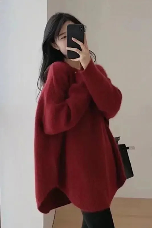 Raccoon Wool Knitted Sweater Winter Maternity Loose Outer Wear Plus Size Pregnant Womens Knitting Pullovers Fashion Jackets Red 241230bj