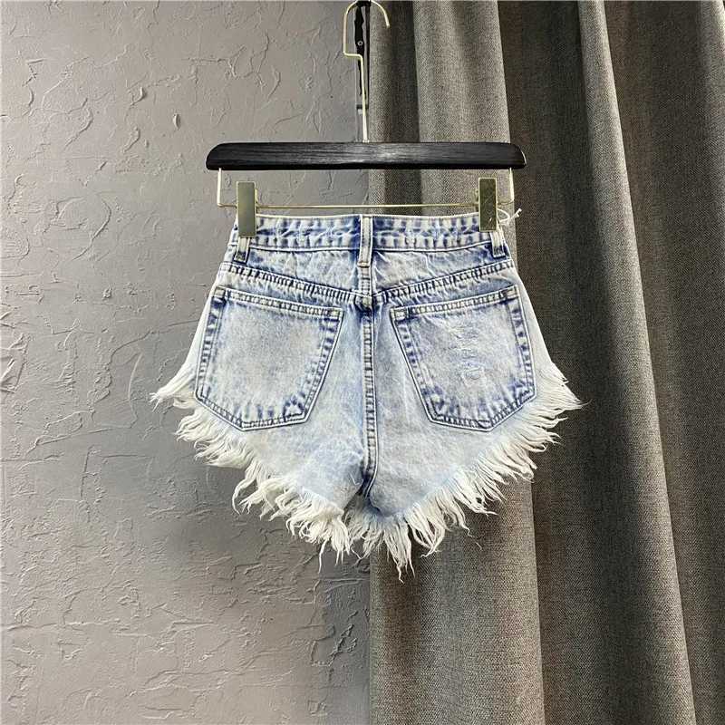 Womens Ripped Mid Rise Denim Jeans Shorts Summer Button Tassel Single-breasted Wide-leg Denim Shorts Jeans StreetwearX241230