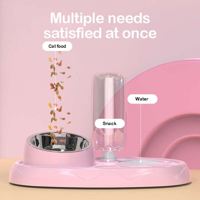 DHpet Double Dog Cat Bowls 2 in1 Tilted Pet Food Set with Automatic Gravity Water Dispenser Bottle Detachable Stainless Steel Bowl No-Spill for Cats a