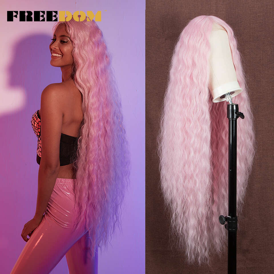 FREEDOM Synthetic Front For Black Women 40 Inch Long Cosplay Curly Lace Wigs Ombre Highlight Ginger White Pink Wig