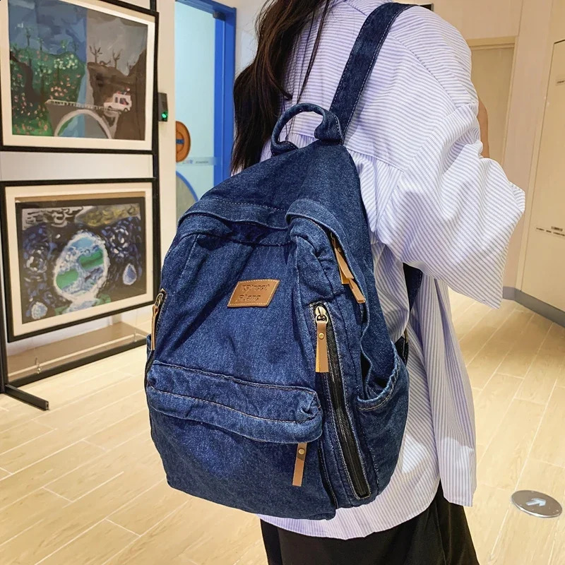 Bag Backpack For Women Retro Denim Zipper Bookbag Student Multi Pockets Fashion Backpacks Large Capacity Cowboy Solid School Bag 241230