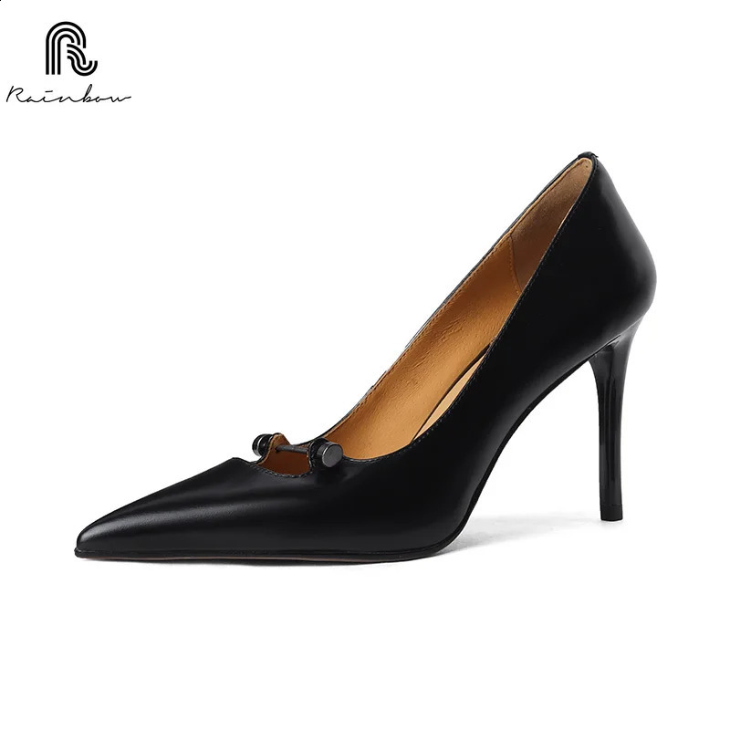 RAINBOW 33-40 Classic Concise Style Pin Buckle Pumps Custom Handmade Stilettos Leather High Heels Women Sexy Banquet Shallow 241230