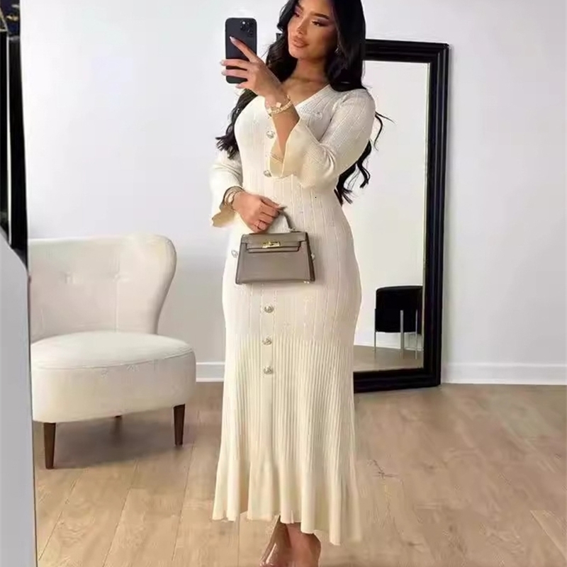 Elegant Knitted Long Dres Flare Sleelve V Neck Ruffles Single Breasted Bodycon Dresses Party Fashion Office Lady Vestidos 241228