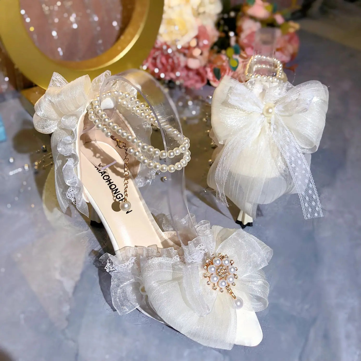 Elegant Womens Dress Shoes White Lolita Mary Jane Shoes Woman Pearl Lolita Sandals Sling Back Heels Women 241230