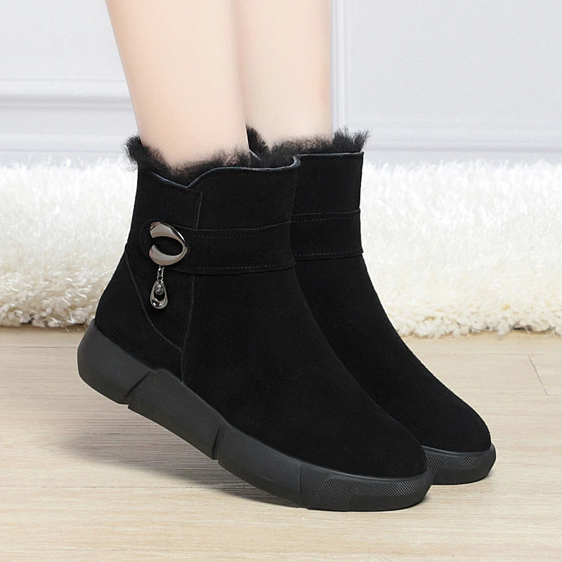 AIYUQI Women Snow Boots Genuine Leather Winter Shoe Boots Women Casual Natural Wool Wedge Women Ankle Boots
