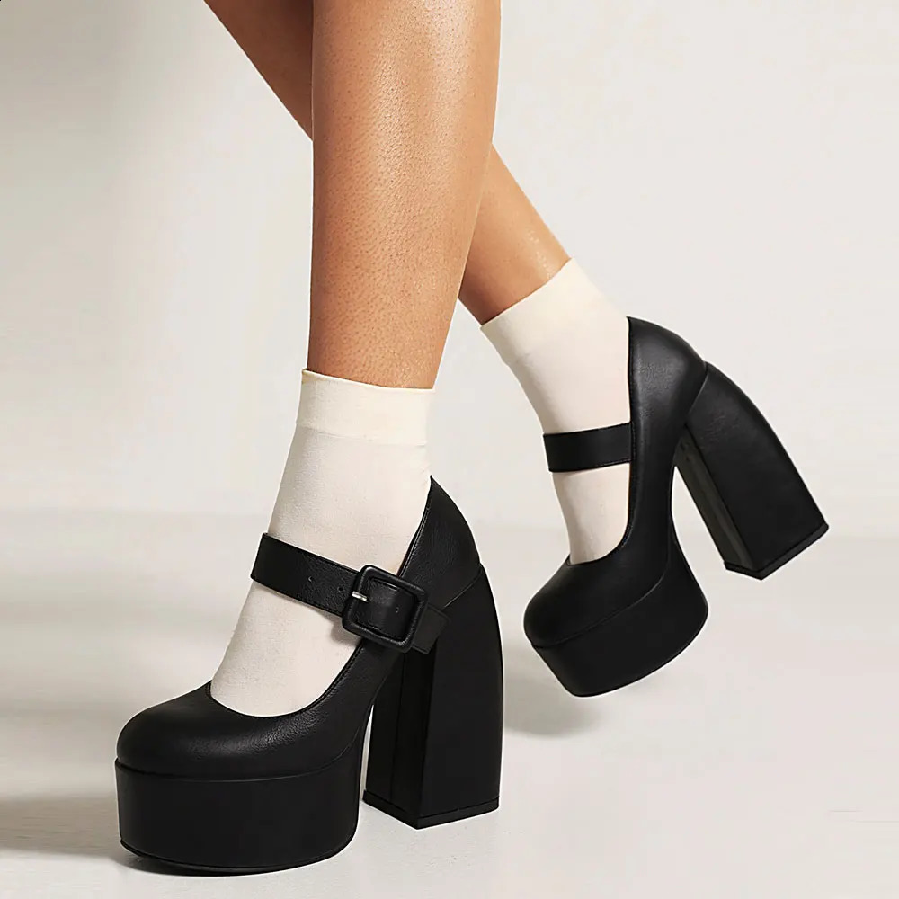 Plus Size 44 Womens Black y2k Platform Shoes Vintage Spring Summer White Block High Heels Mary Janes Pumps 241227
