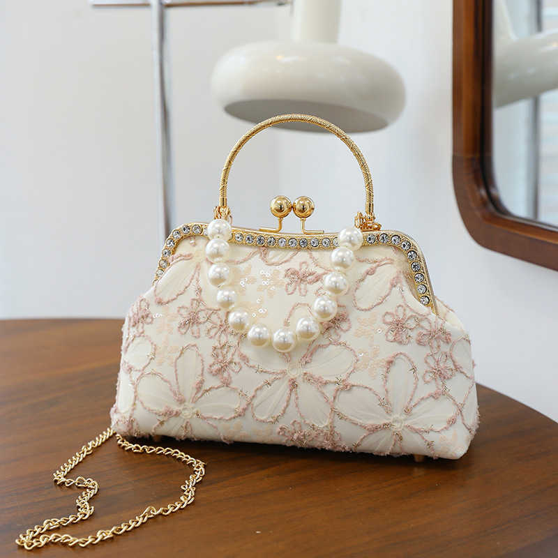 New Lace Flower Handbag Diagonal Cross Bag Qipao Hanfu New Chinese Style Shoulder Bag Pearl Handbag Women's Bag