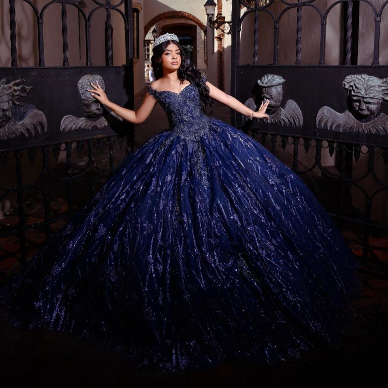 Navy Blue Shiny Quinceanera Dresses Off The Shoulder Sequin Lace Applique Beads Tull Ball Gown Birthday Party Sweet 16 Vestidos De 15 Anos