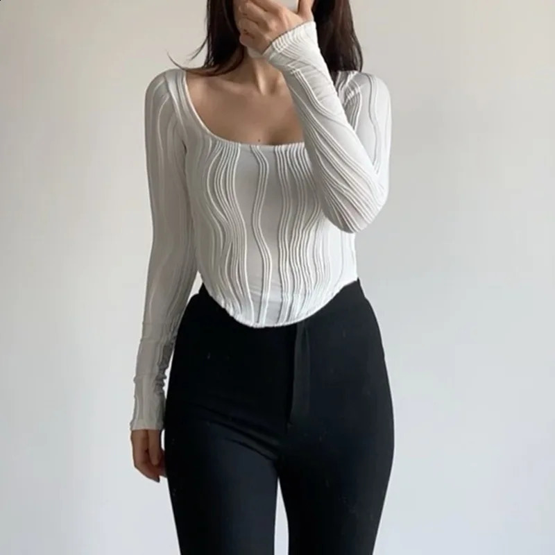 Square Neck Women Long Sleeve Crop Top White Summer Autumn Basic Casual T Shirts Vintage 90s Y2K Sexy Clothes Gothic 241224