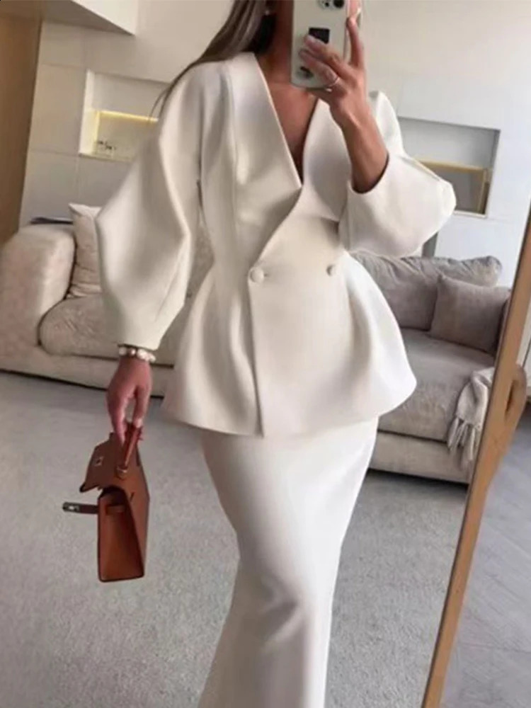 Elegant Blazer Coat Skirt Set Women Slim V-neck Long Lantern Sleeve Jacket Top Midi Skirts Suits 2 Pieces Office Chic Outfits 241230