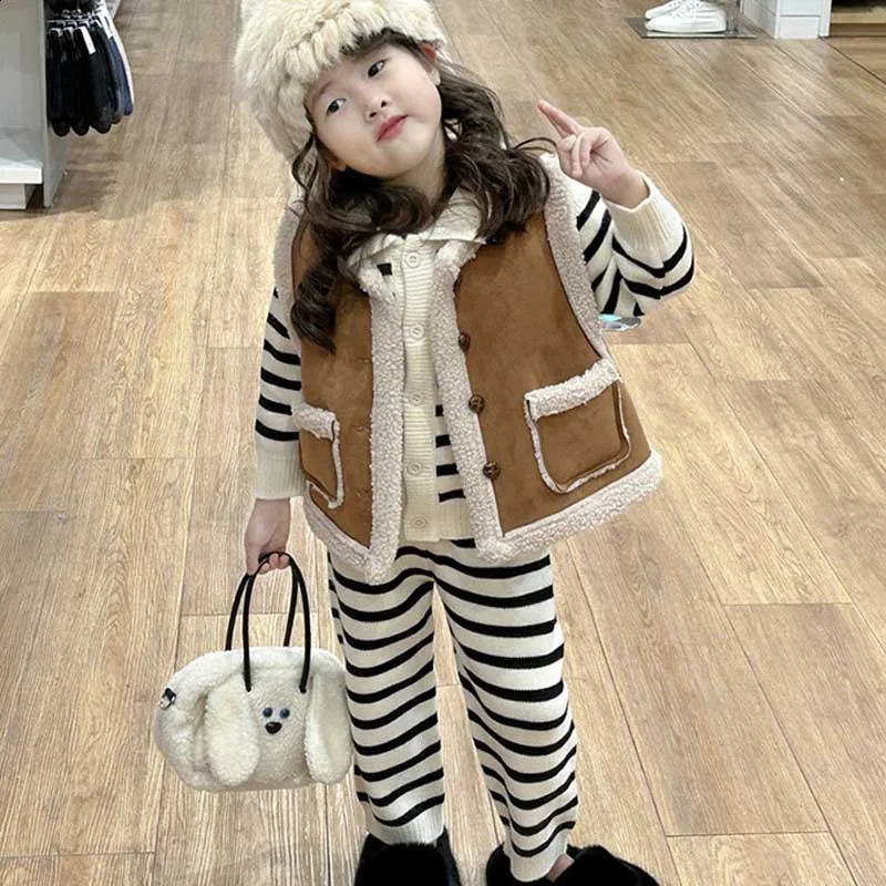 Girls Korean Version Vest Autumn and Winter Fur Integrated Velvet Vest Single Breasted Double Pocket Warm Cardigan Jacket 241230