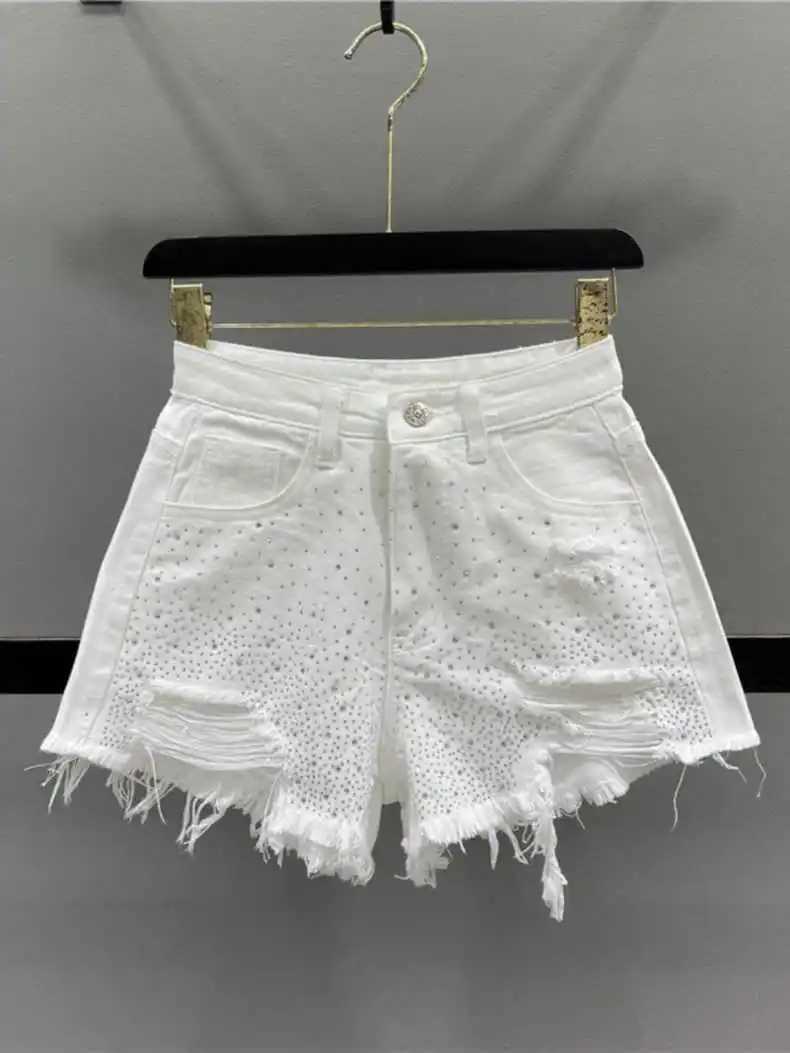Fashion Rhine Denim Shorts for Women 2025 New High Waist Ripped Holes Shorts Jeans Fe Street Wide Leg ShortsX241230