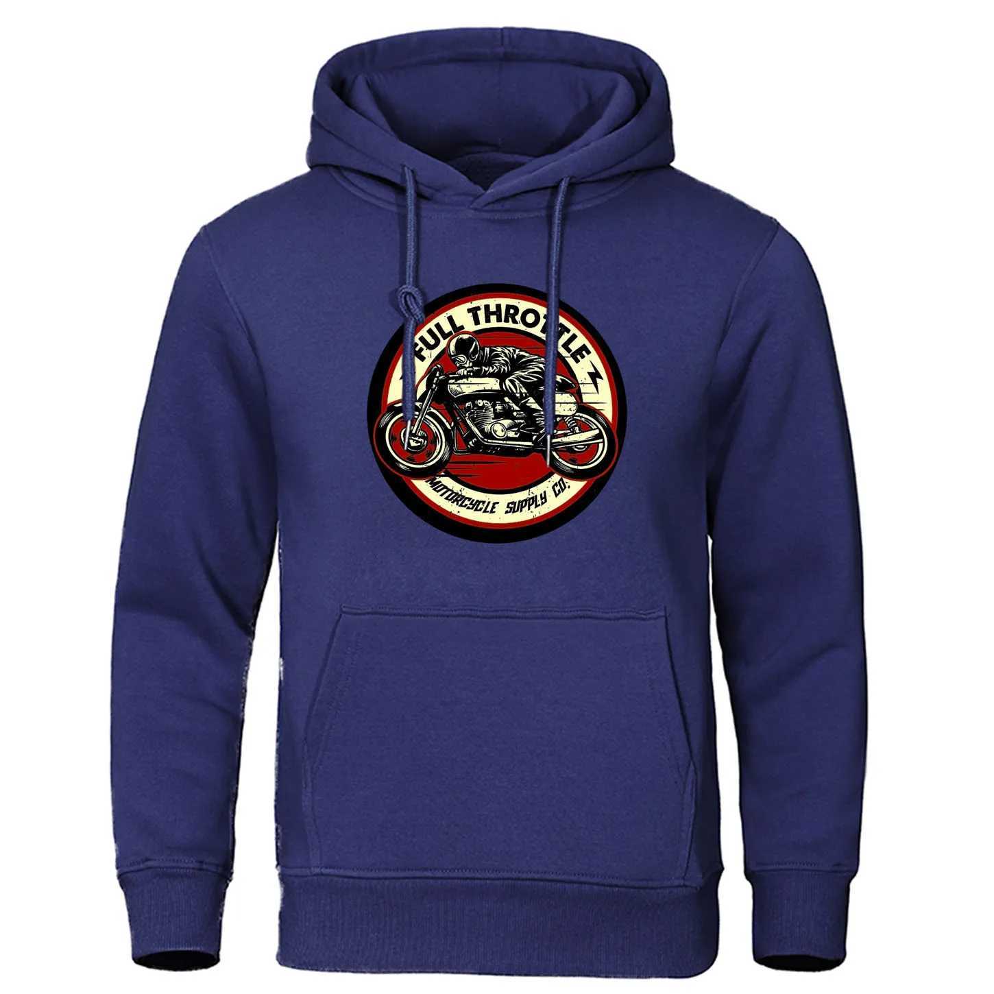 Autumn Winter Mens Hoodie Full Throttle Cafe Racing Rockabily Biker Pullover Hoodie Wool Warm Mens Hoodie Hip Hop Sweatshirt W241230