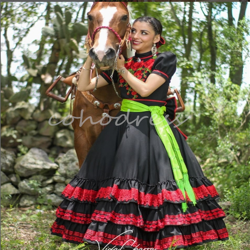 Folklorico Mexican Black Prom Dress Costume Masquerade Jalisco Lace Medieval Evening Dress Embroidery Birthday Party Halloween Cosplay Vestidos De Fie