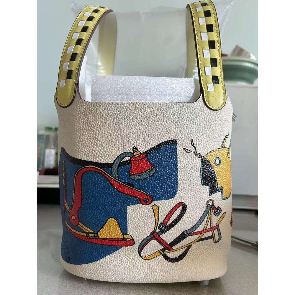 Women's Bags Handbag Cowhide Painted Vegetable Basket Women's Handbag Ethnic Style Genuine Leather Bucket Fashionable Shoulder Bag Commuting