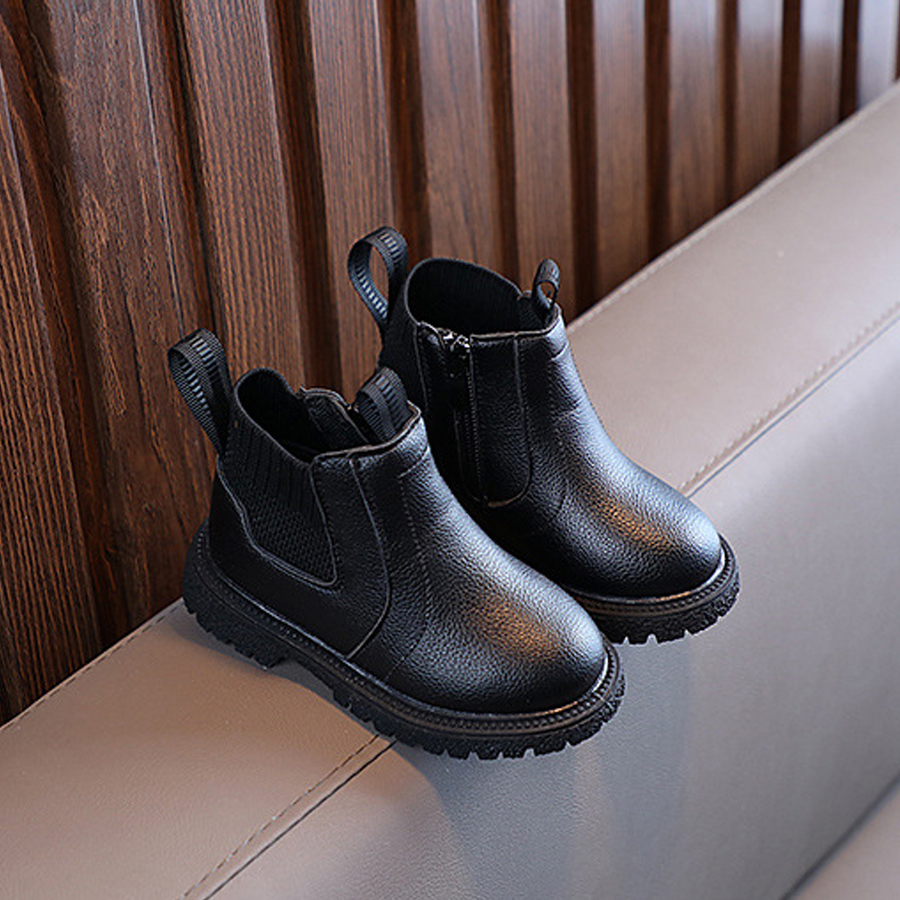 Winter New Kids Thick Plush Warm Boots Side Zipper PU Leather Waterproof Snow Boots Happysteps Boys Girls Non-slip Plush Cotton Shoes Size US 5C-12.5C