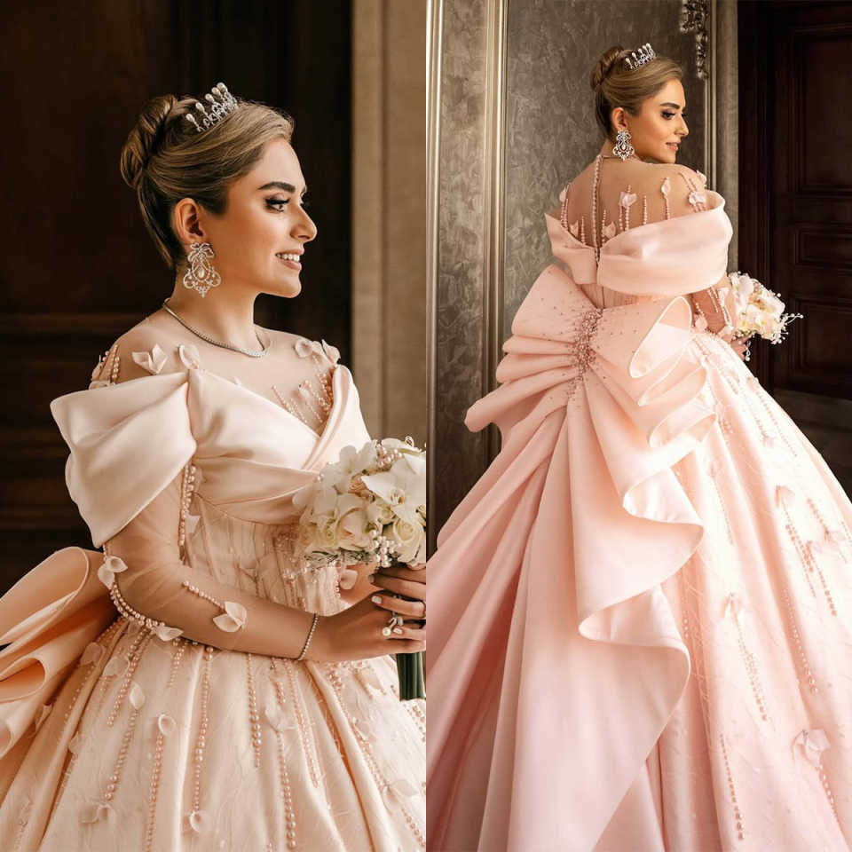 Princess Pink Ball Gown Wedding Dresses Appliques Beaded Off Shoulder Designer Lace Sequins Court Gown Pleat Custom Made Bridal Plus Size Vestidos De 