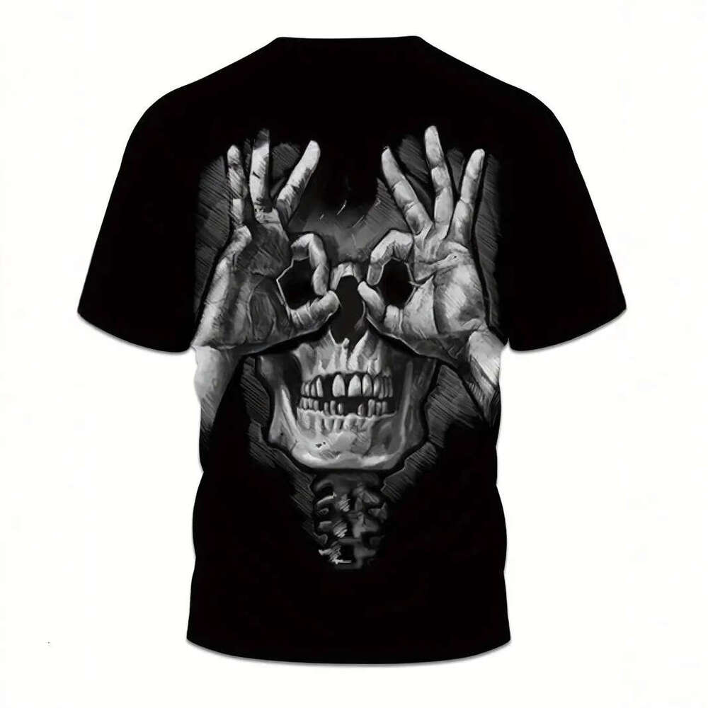 Men's High Street Loose Mesh Breathable Short Sleeve Hooded Round Neck T-shirt with Fun and Bizarre Gestures Skull 3D Printing