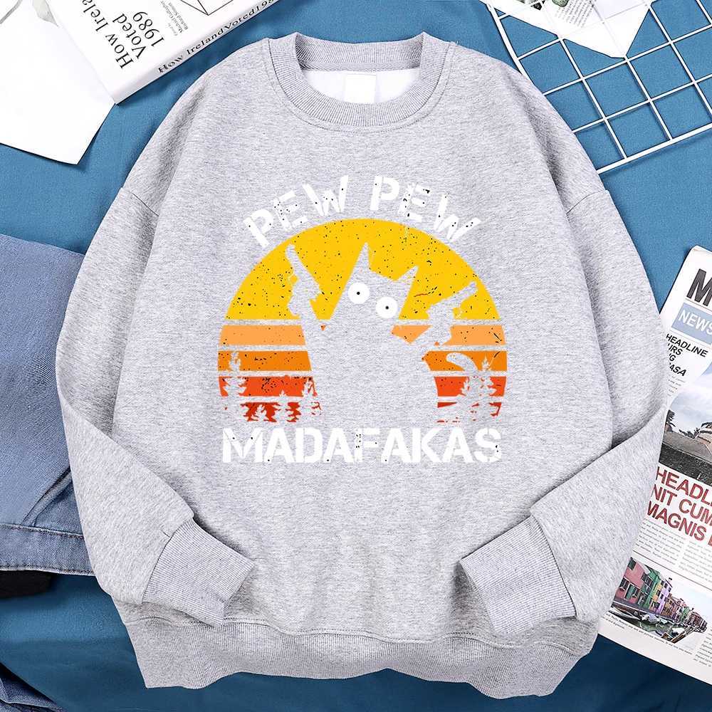 Pew Madafakas Cat Two Gun Sweatshirt Mens Hip Hop Warm Hoodie Retro Thick Streetwear Unisex High Quality Hoodie W241230