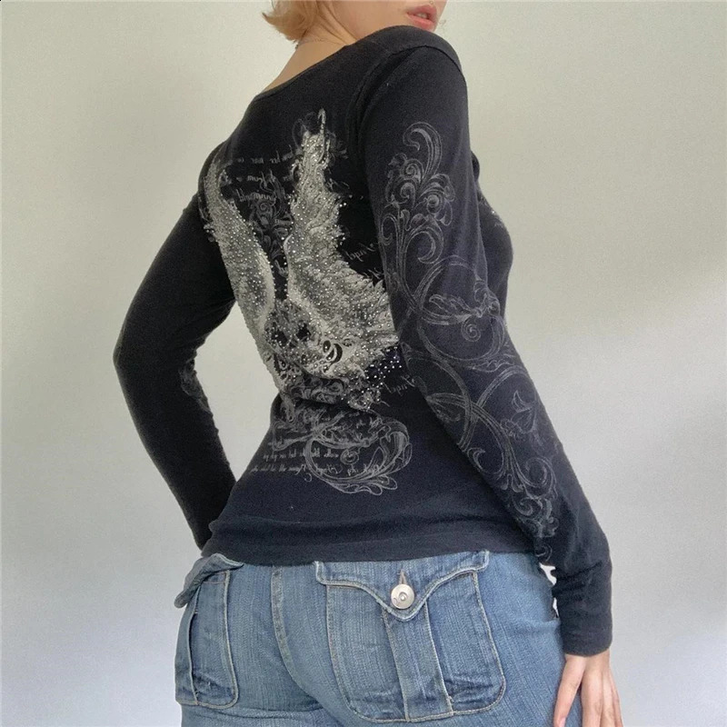 Lamuusaa Butterfly Tops Women Fairycore Grunge Clothes Long Sleeve T Shirts with Rhinestone y2k Tee 2000s Clothes Streetwear 241224