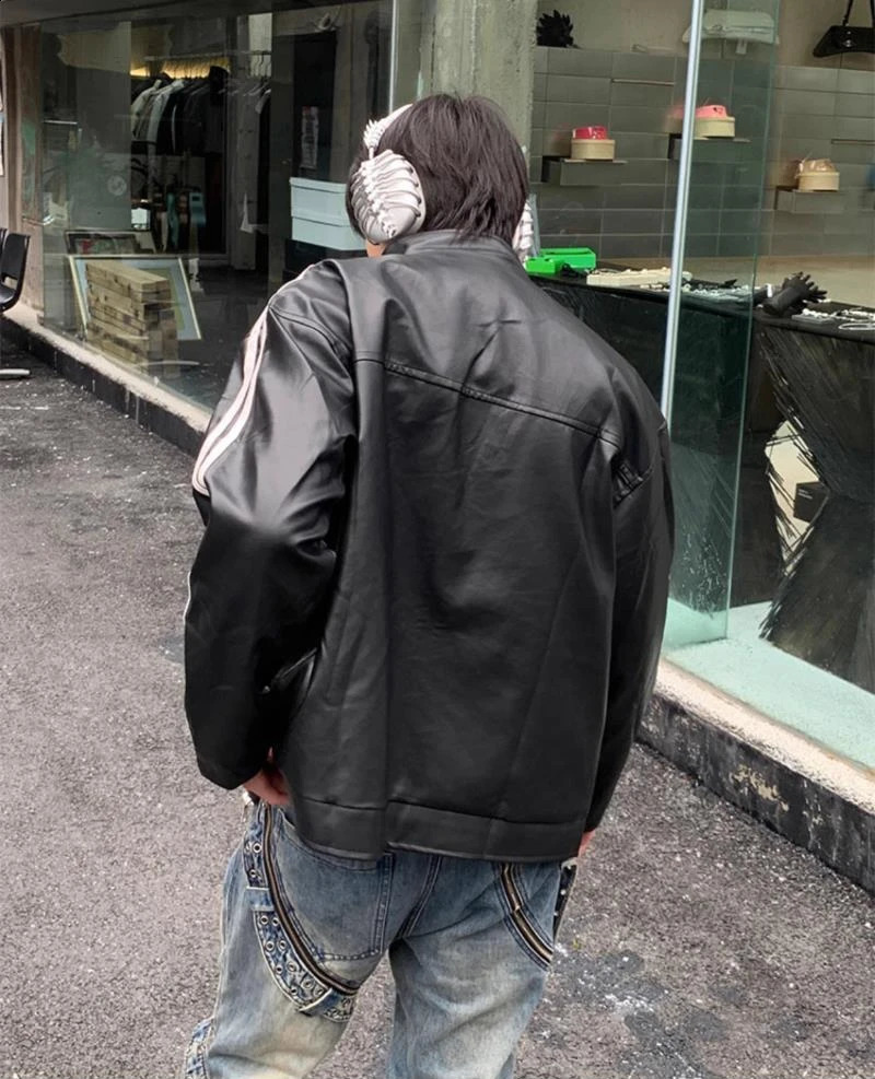 Retro High Street Striped PU Leather Jacket Korean Fashion Zipper Jackets for Men Harajuku Long Sleeve Coats Streetwear 250114