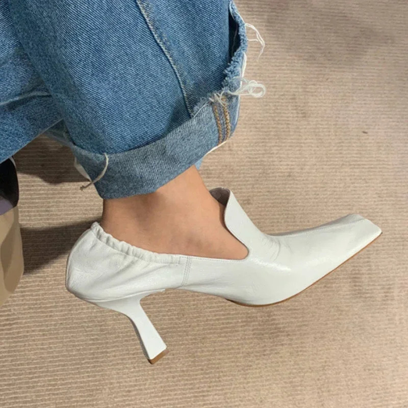 Square Toe High Heels Women Fashion Pleated Party Dress Shoes Shallow Spring Autumn Retro Mules Pumps Women 241230