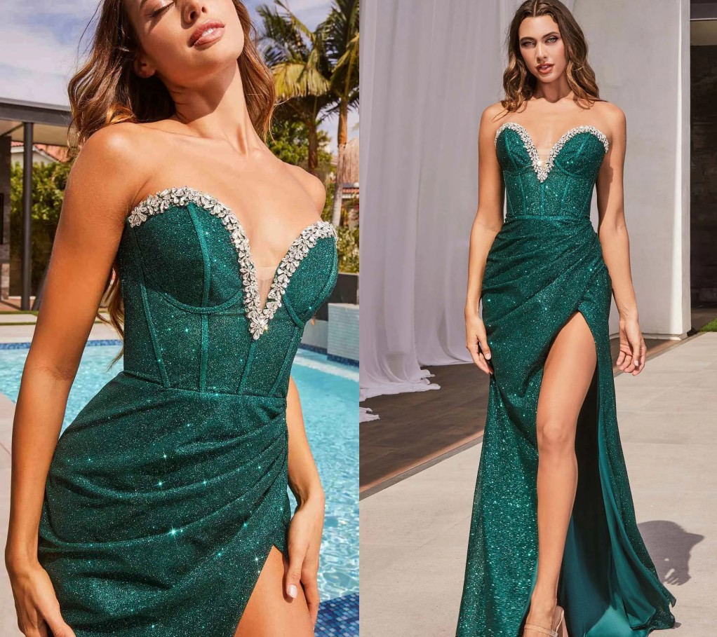 Glitter Green Formal Evening Dress 2025 Sweetheart Crystal Sequins Silt Or-Length Mermaid Prom Party Gowns Robe De Soiree Abendkleider 0220