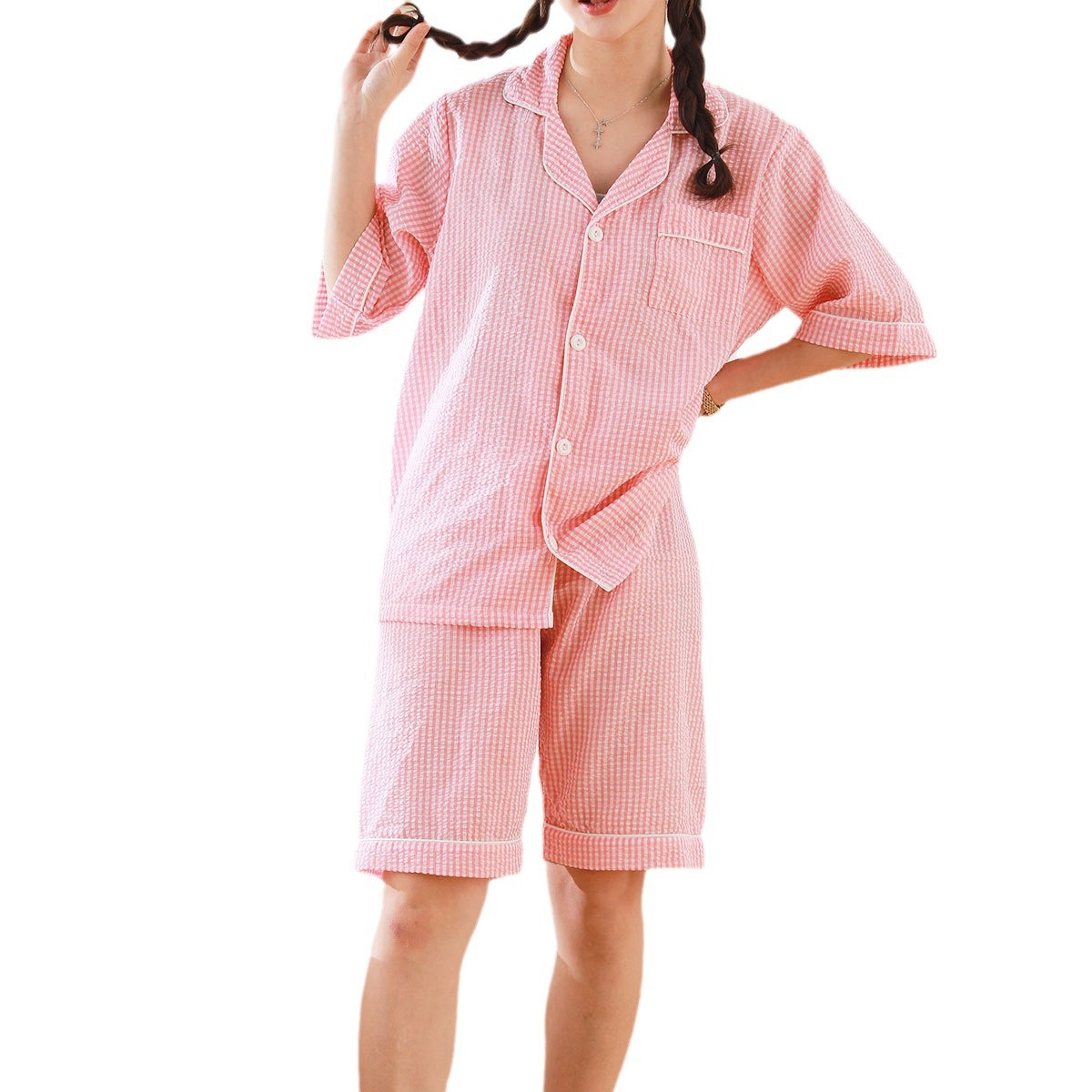 B109-Korean style plaid short-sleeved pajamas for women, two-piece set, high-end loose large-size home clothes