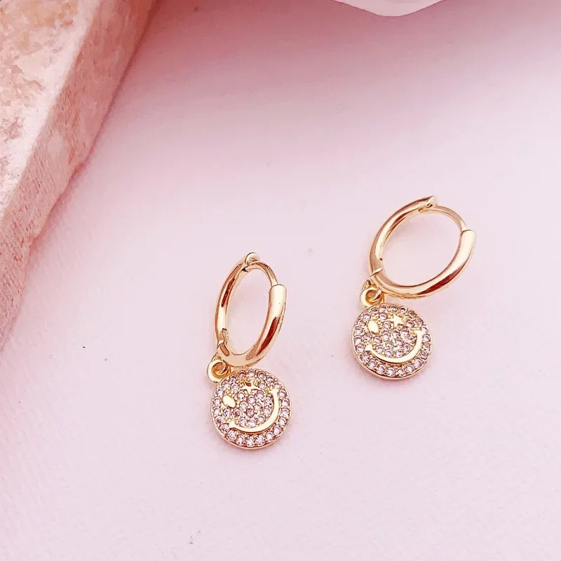 Minar Cute Lovely 14K Real Gold Plated Brass Shiny Full CZ Cubic Zirconia Round Smile Face Pendant Hoop Earrings for Women Gift 241225