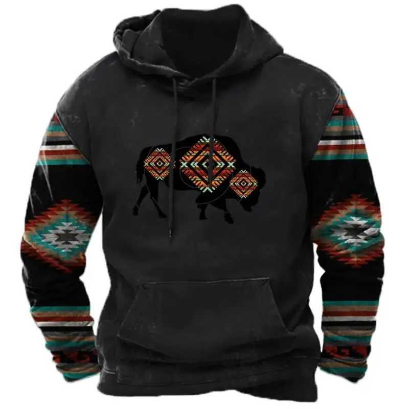 2024 New Mens Hoodie Retro Cowboy Printed Super Large Hoodie Sweater Pullover Casual Long Sleeve Mens Street Clothing W241230
