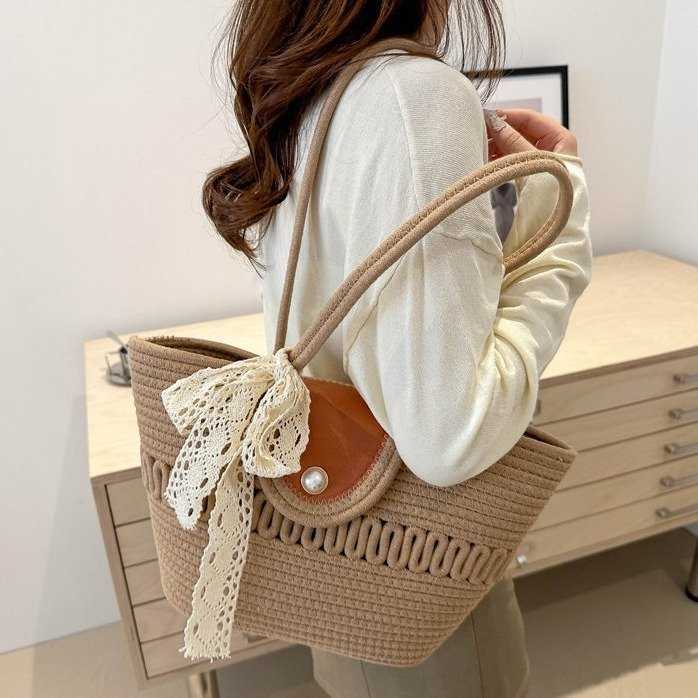 New Handheld Large Capacity Tote Bag Versatile Silk Scarf Straw Woven Bag Woven Bag Tote Bag Women's Beach Bag