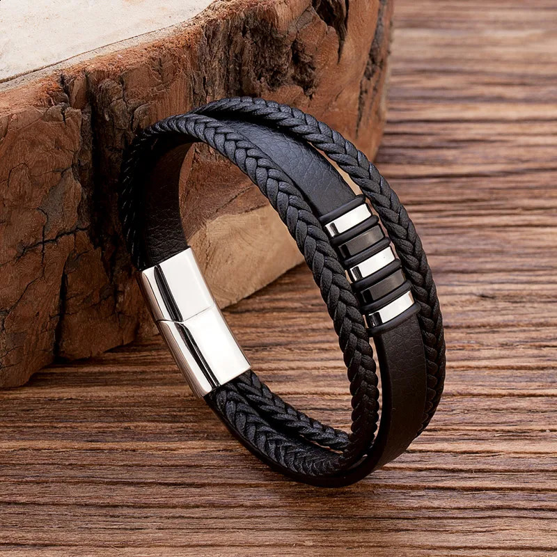 2024 Classic Mens Leather Bracelet Handwoven Multilayer Stainless Steel Accessory Jewelry Wholesale Drop 241223