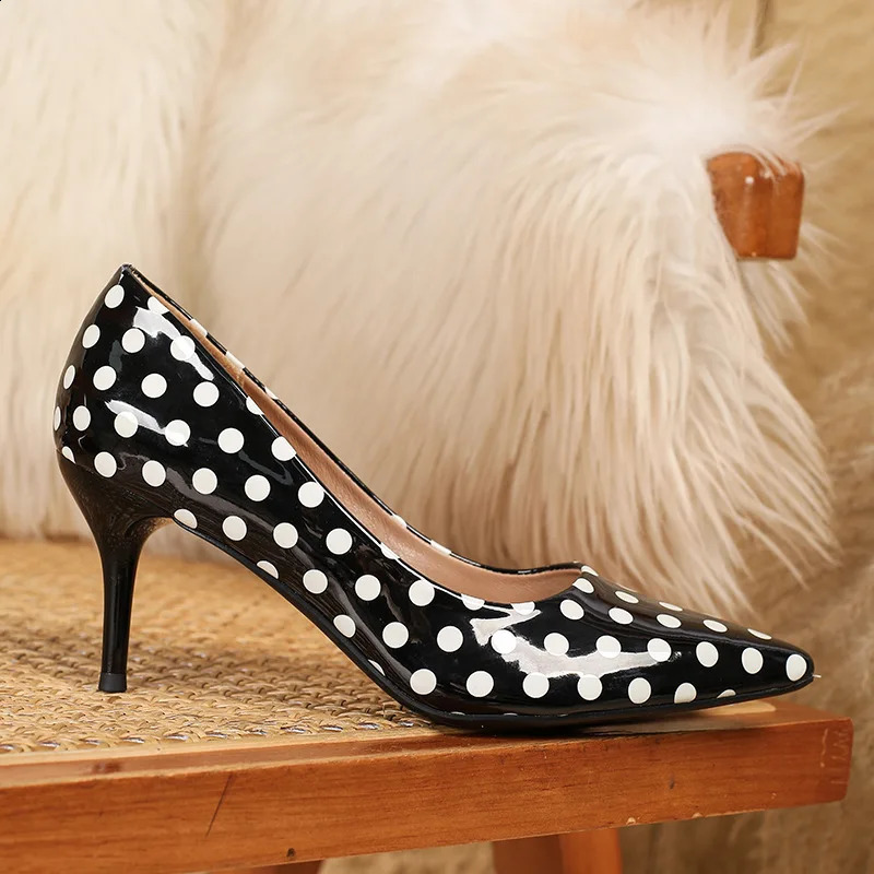 Black/White Polka Dots Patent Leather High Heels Stiletto Pointy Toe Classy Slip-on Shallow Sexy Pumps Party Nightclub Shoes 241230