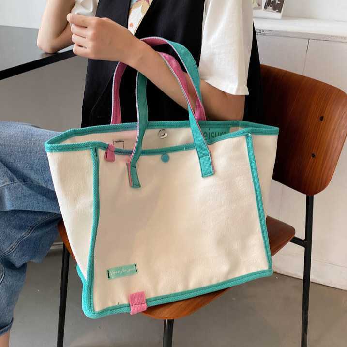 Canvas bag Women's handbag South Korea ins Art Canvas shopping bag Fashion trend brand same color contrast shoulder bag 241215