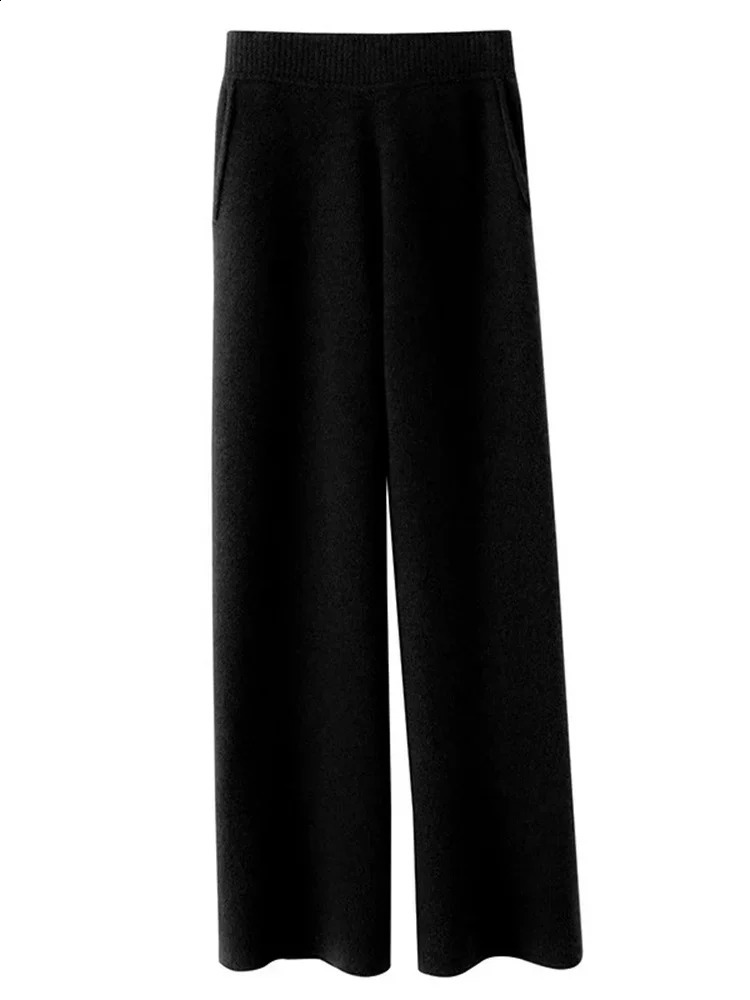 Knitted Women Pants Fall Winter 2023 Korean Fashion High Waist Wool Wide Leg Sweatpants Casual Straight Loose Trousers 241228