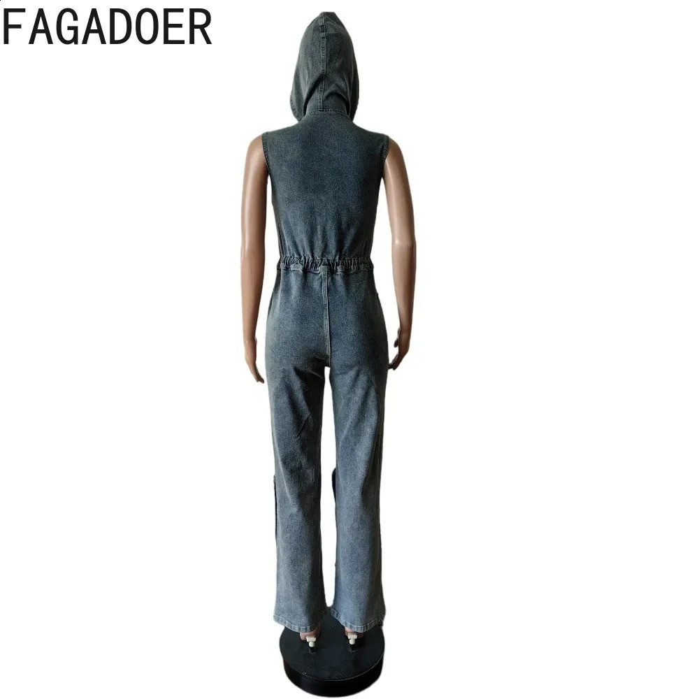 FAGADOER Retro Blue Fashion Denim Hooded Cargo Jumpsuits Women Zip Sleeveless Drawstring Playsuits Female Elastic Cow Overall 241230