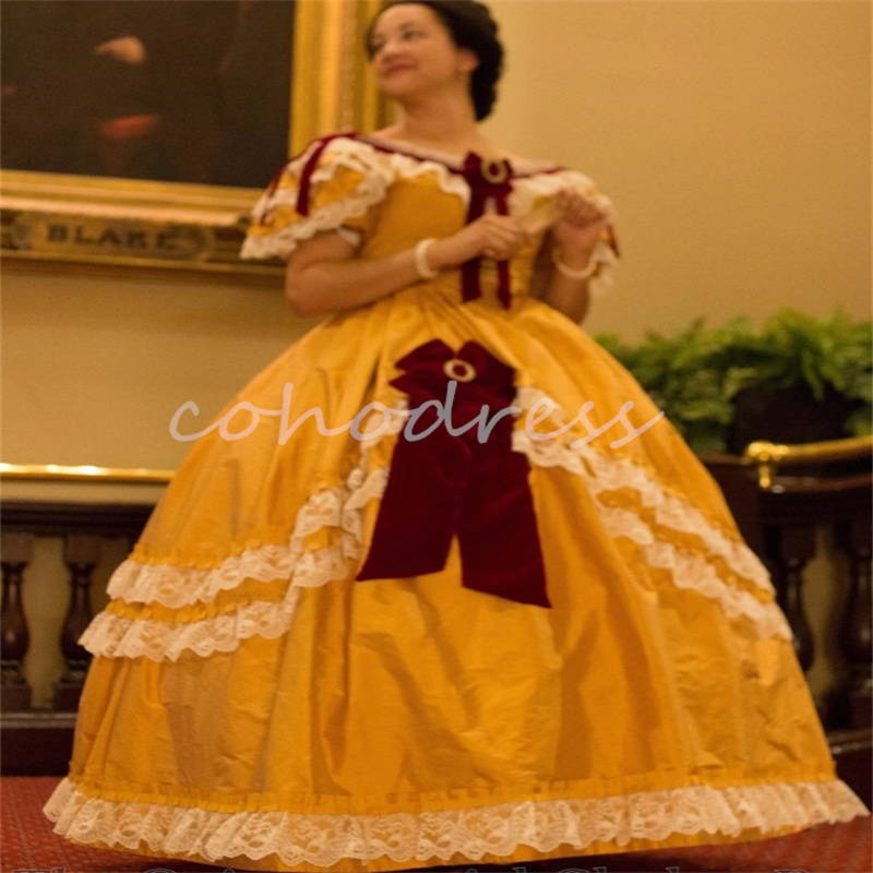 Historical Yellow Renaissance Prom Dress Off Shoulders Lace Gothic Steampunk Ball Gown Evening Dress Costume Party Civil war Southern French Duchess B