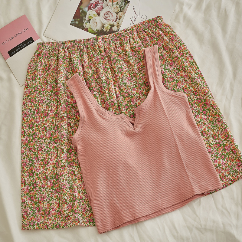 B116-Camisole with padded pajamas for women with small floral patterns, Korean version, Southeast Asian cross-border shorts, two-piece home clothes se