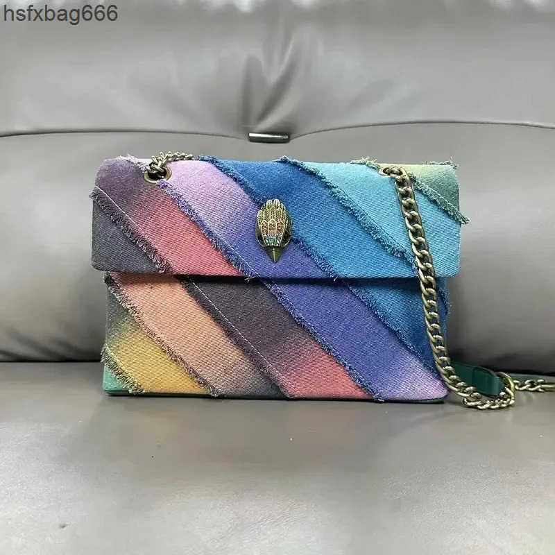 Cross Body New Fashion Retro Womens Bag Rainbow Striped Patchwork Color Luxury Designer Chain Shoulder Crossbody Bags Large Denim Handbags H250103