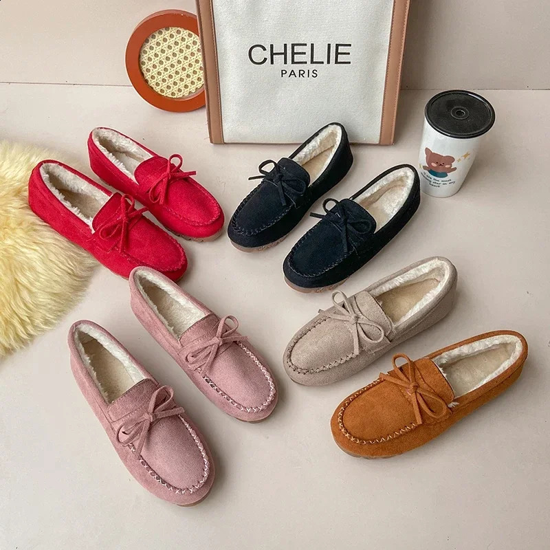 Womens Moccasins Soft Flat Fluffy Footwear Winter Female Shoes Home Warm Plush Bow Slip On 2024 Vintage Fashion Comfort 241225
