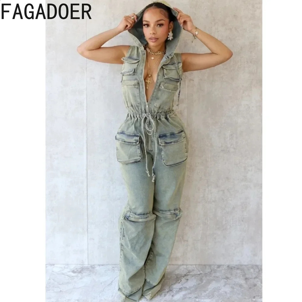 FAGADOER Retro Blue Fashion Denim Hooded Cargo Jumpsuits Women Zip Sleeveless Drawstring Playsuits Female Elastic Cow Overall 241230