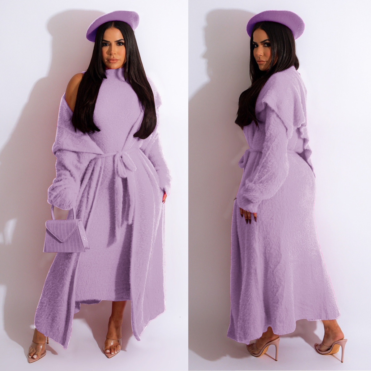 Women Flannel Lounge Maxi Dress And Lapel Open Cardigan With Belt Long Sleeve Trench Winter Sweatsuit Two 2 Piece Set